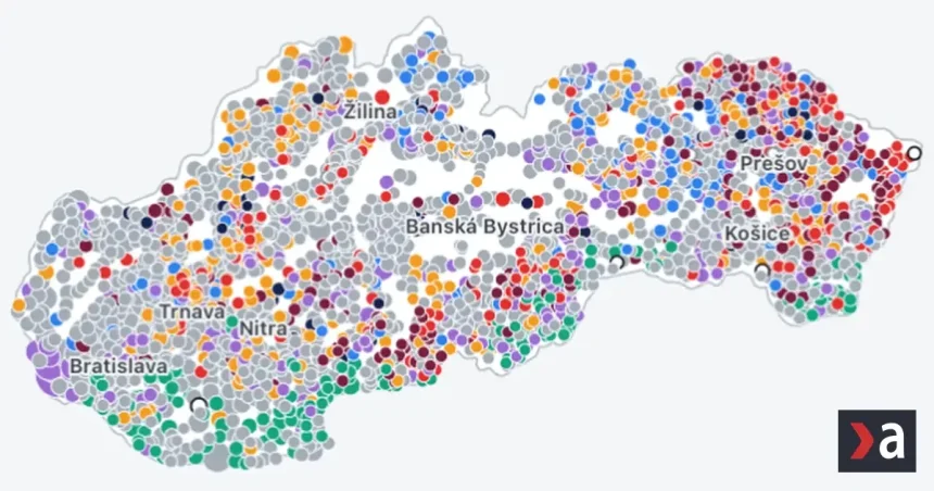 Mapa výsledkov komunálnych volieb 2026 na Slovensku